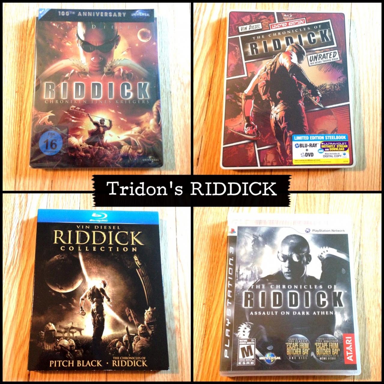 Clockwise, Left to Right: The Chronicles of Riddick German Blu-ray SteelBook (Universal 100th Anniversary), The Chronicles of Riddick US Blu-ray SteelBook (Universal Reel Heroes), The Chronicles of Riddick: Assault on Dark Athena (PS3 game), The Riddick Collection US Blu-ray w/ slipcover.