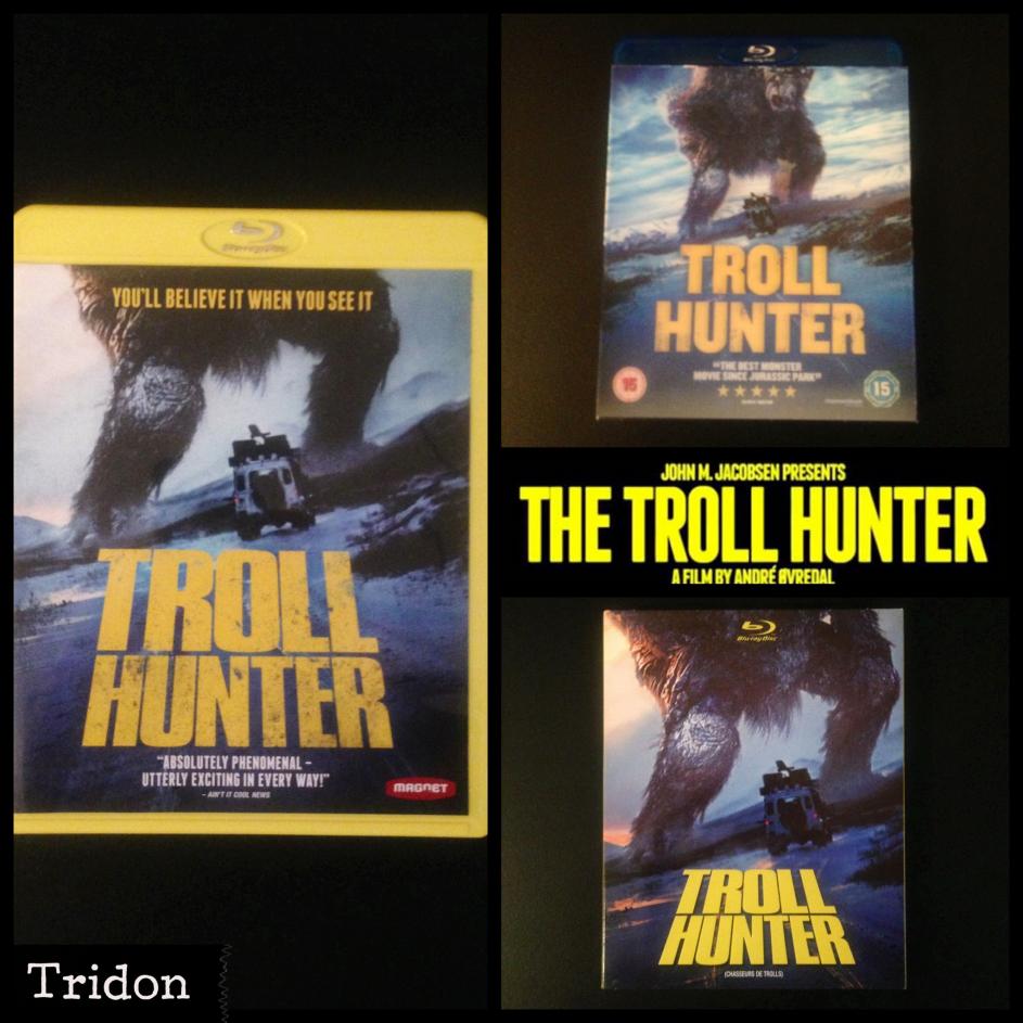 Clockwise, Left to Right: TrollHunter U.S. Blu-ray (replaced blue amaray case with yellow amaray case), TrollHunter U.K. Play.com exclusive Blu-ray w/ lenticular slipcover, TrollHunter CAN Blu-ray w/ embossed slipcover.